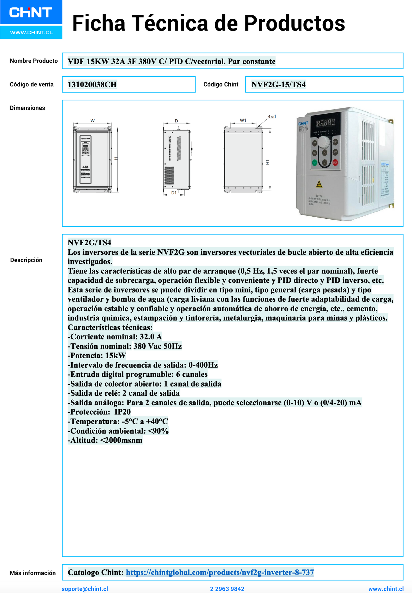 Variador de Frecuencia CHINT NVF2G-15/TS4 3F 15 kW 32 A 380 V PID Vectorial Par Constante – Código 131020038CH