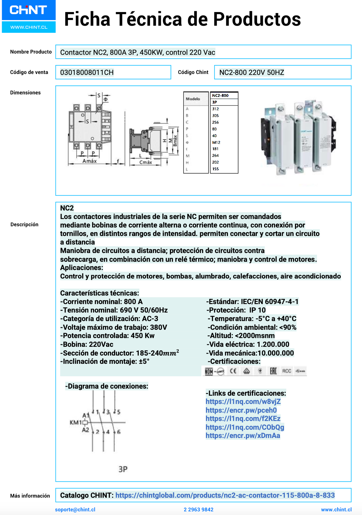 Contactor CHINT NC2-800 3P 800 A 450 kW 220 V 50 Hz – Código 03018008011CH