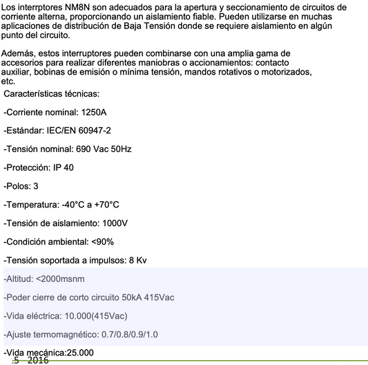 Interruptor Automático CHINT NM8N-1600S 3P 875–1250 A 415 V 50 kA TM – Código 070230201250CH