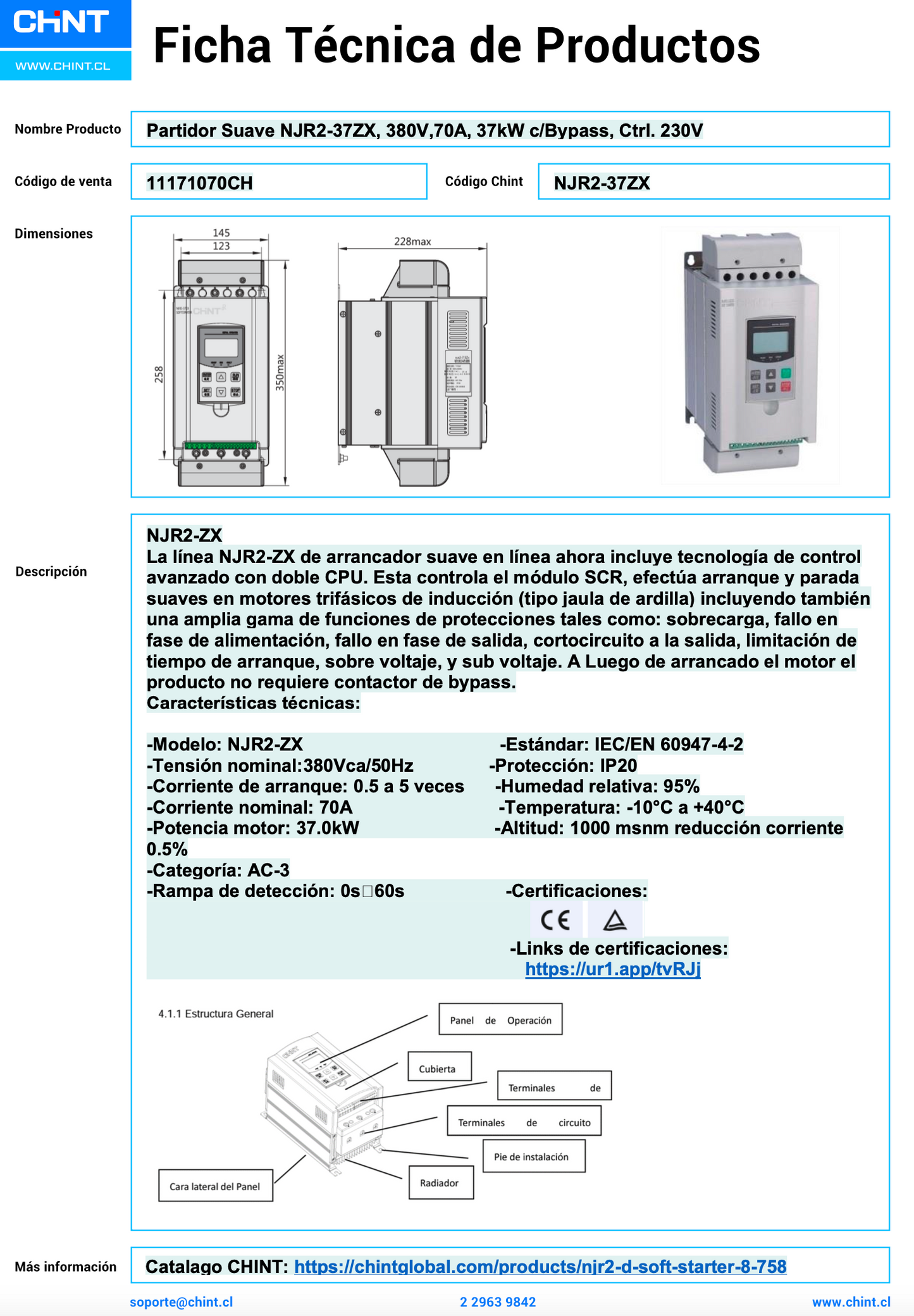 Partidor Suave CHINT NJR2-37ZX 37 kW 70 A 380 V con Bypass y Control 230 V – Código 11171070CH