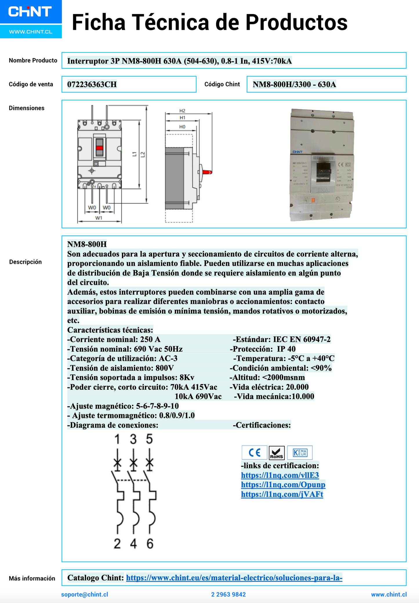 Interruptor Automático CHINT NM8-800H 3P 630 A 415 V 70 kA Ajuste 0.8–1 In – Código 072236363CH