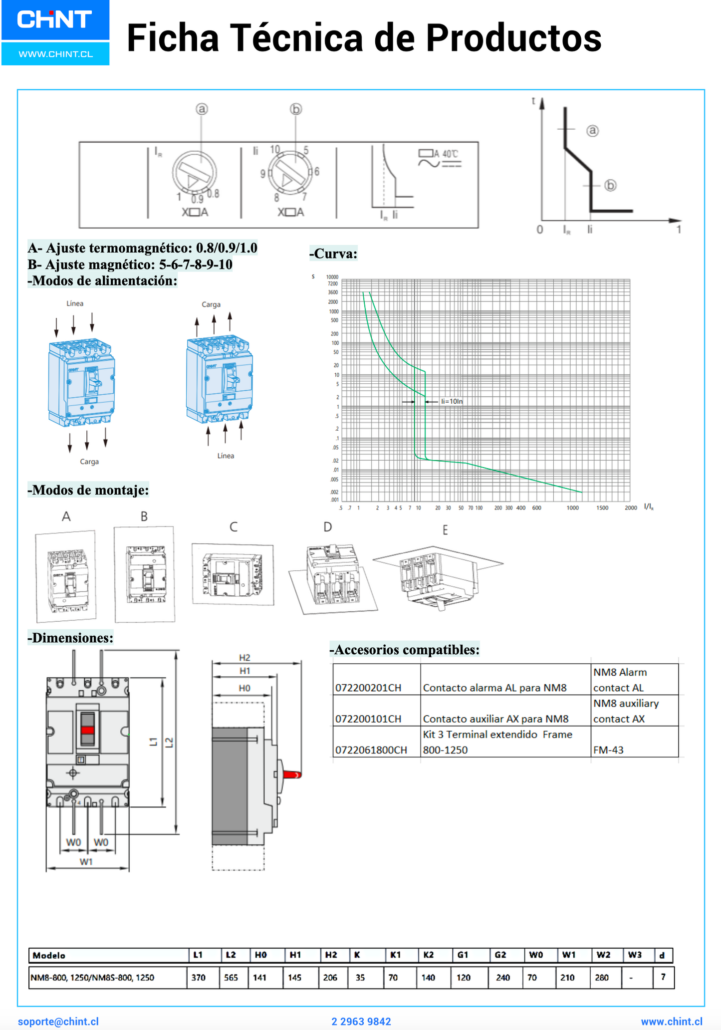 Interruptor Automático CHINT NM8-800H 3P 630 A 415 V 70 kA Ajuste 0.8–1 In – Código 072236363CH