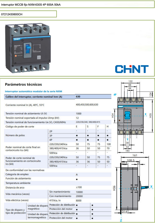 Interruptor Automático Caja Moldeada CHINT NXM-630S/4300B Fijo 4P 600 A 50 kA – Código 07212430600CH