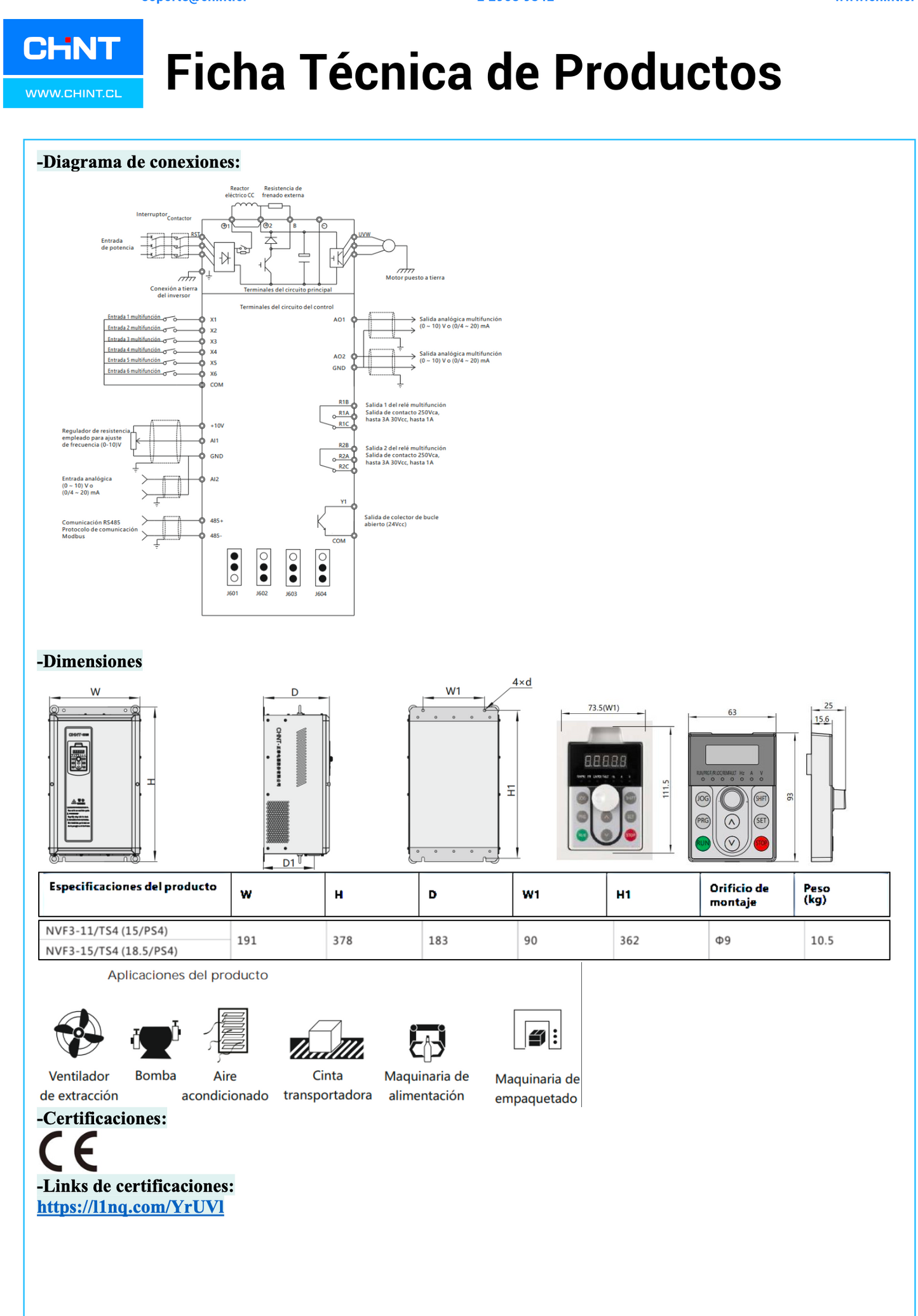Variador de Frecuencia CHINT NVF2G-11/TS4 3F 11 kW 25 A 380 V PID Vectorial Par Constante – Código 131015038CH