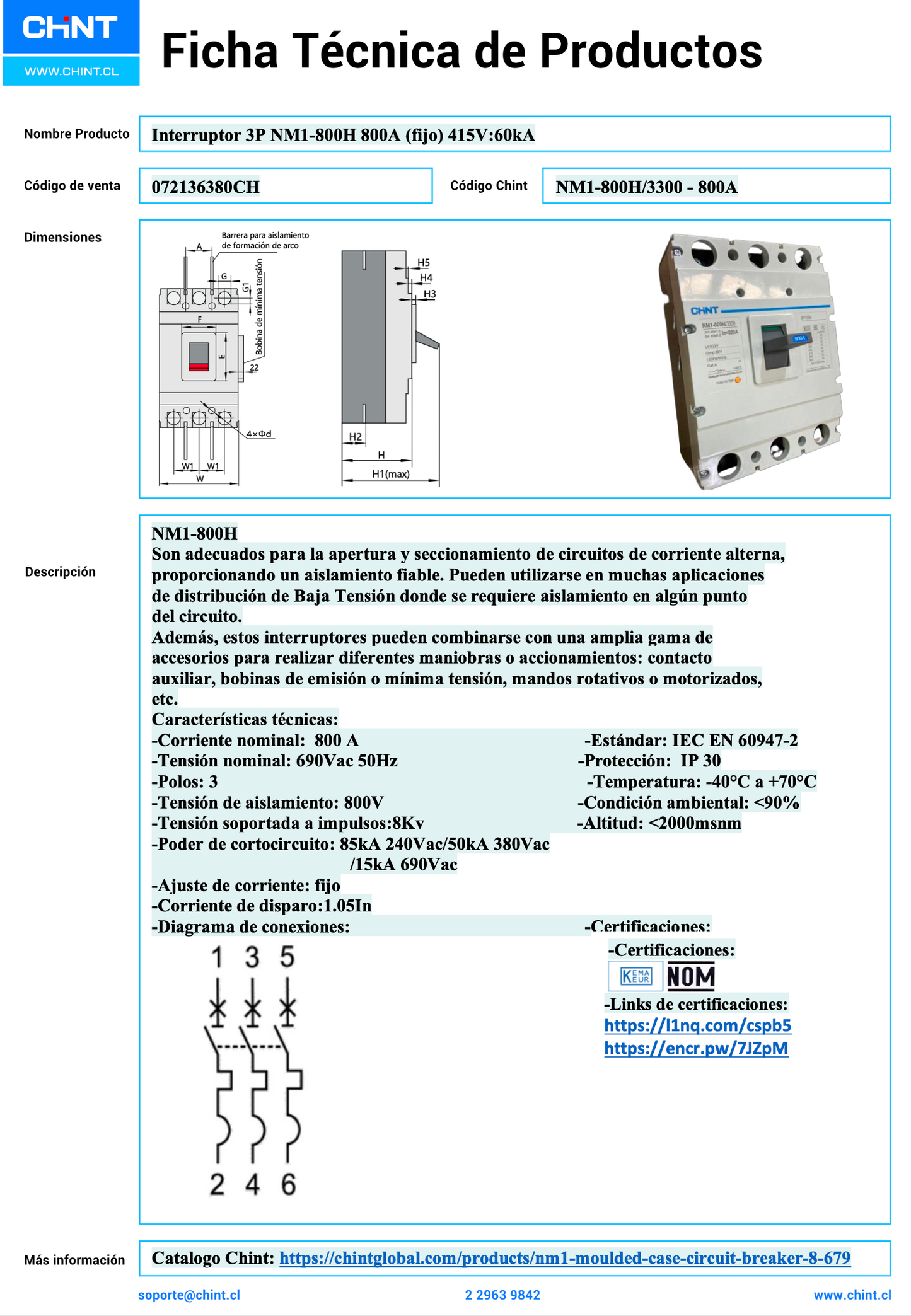 Interruptor Termomagnético CHINT NM1-800H 3P 800A Fijo 415V 60kA – Código 072136380CH