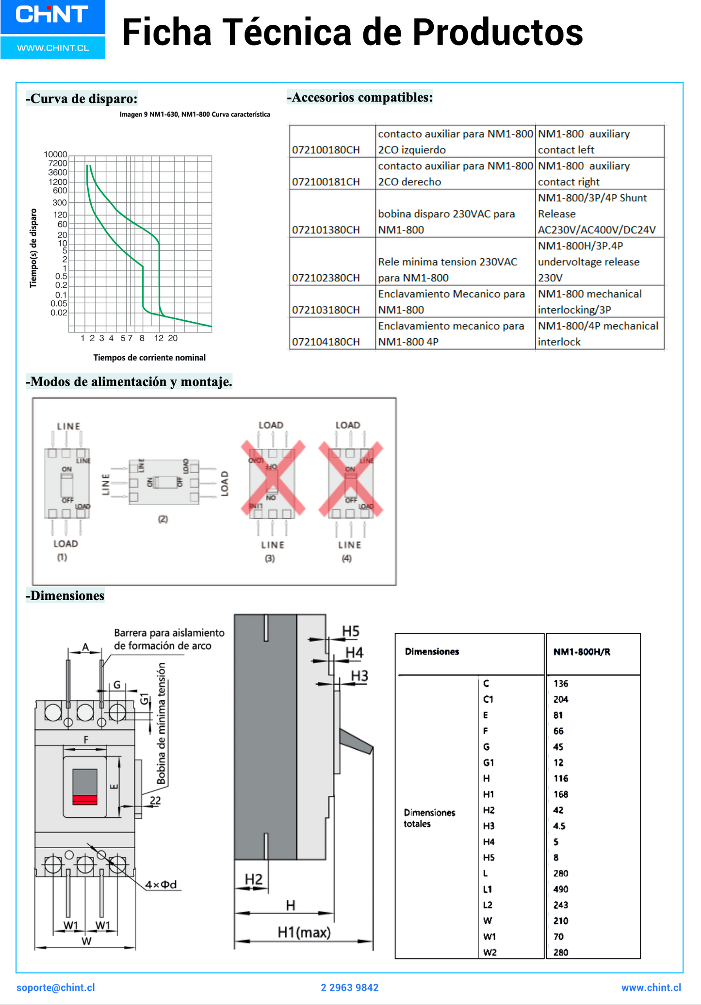 Interruptor Termomagnético CHINT NM1-800H 3P 800A Fijo 415V 60kA – Código 072136380CH