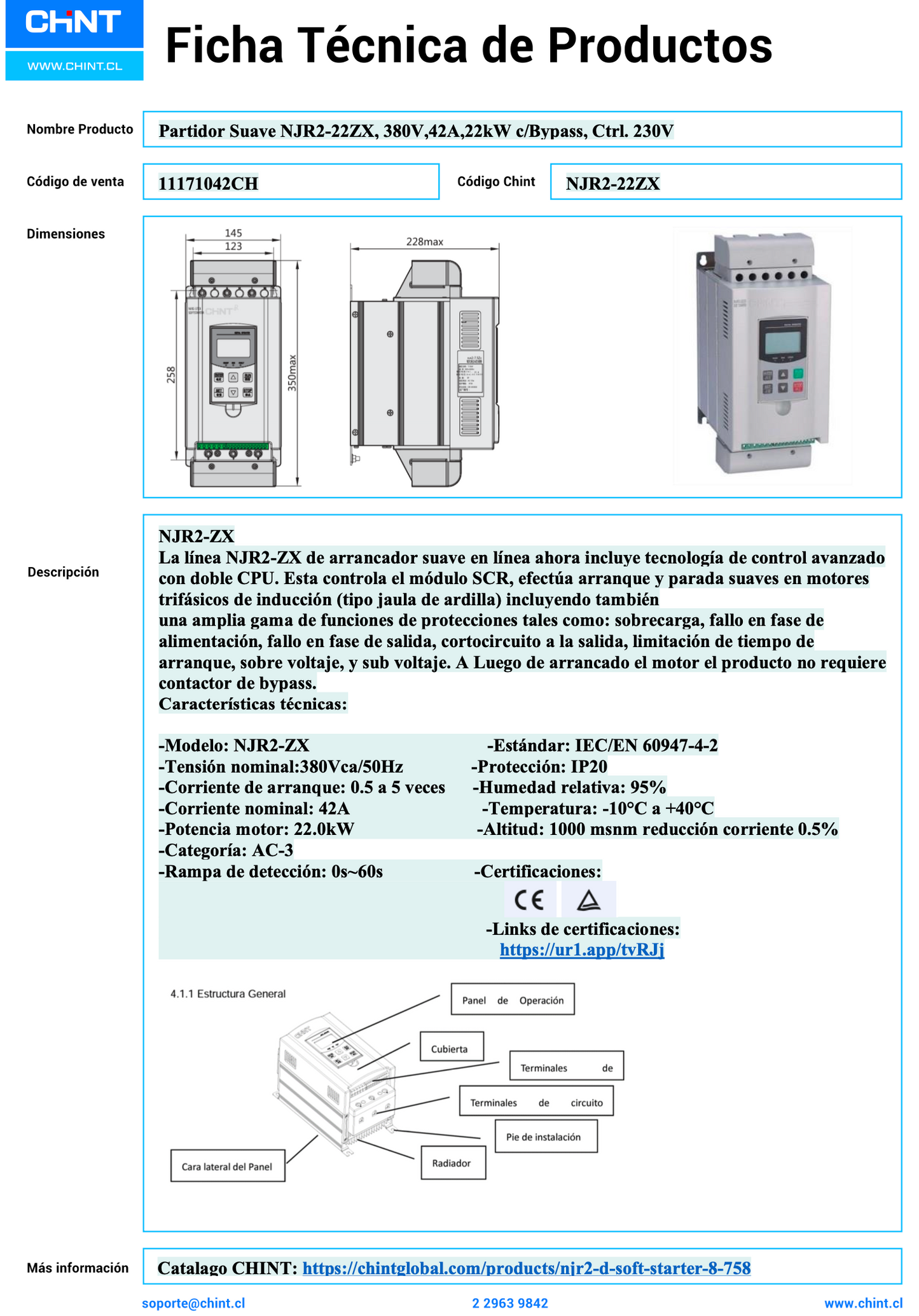 Partidor Suave CHINT NJR2-22ZX 380V 42A 22kW con Bypass y Control 230V – Código 11171042CH
