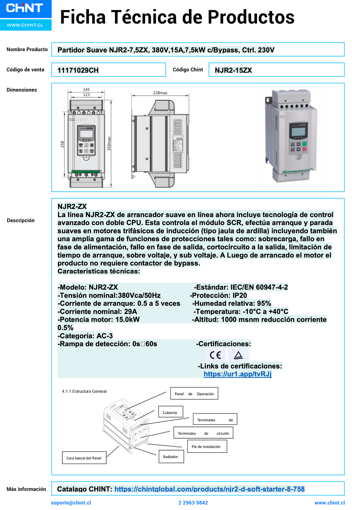 Partidor Suave CHINT NJR2-15ZX 380V 29A 15kW con Bypass y Control 230V – Código 11171029CH