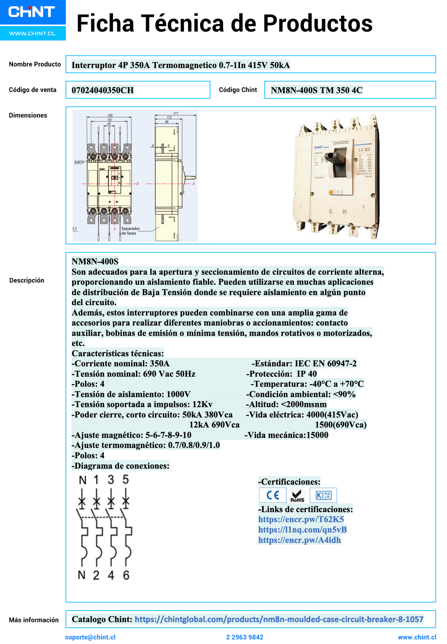 Interruptor Termomagnético CHINT NM8N-400S 4P 350A 415V 50kA 0.7–1In – Código 07024040350CH