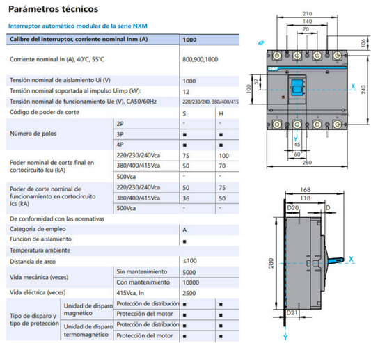 Interruptor Termomagnético Fijo CHINT NXM-1000S 4P 1000A 50kA – Código 07212431000CH