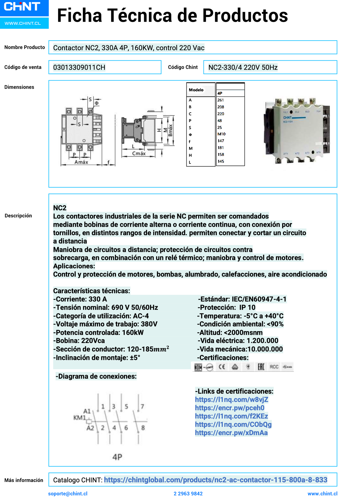 Contactor CHINT NC2-300/4 4P 330A 160kW Control 220V AC 50Hz – Código 03013309011CH