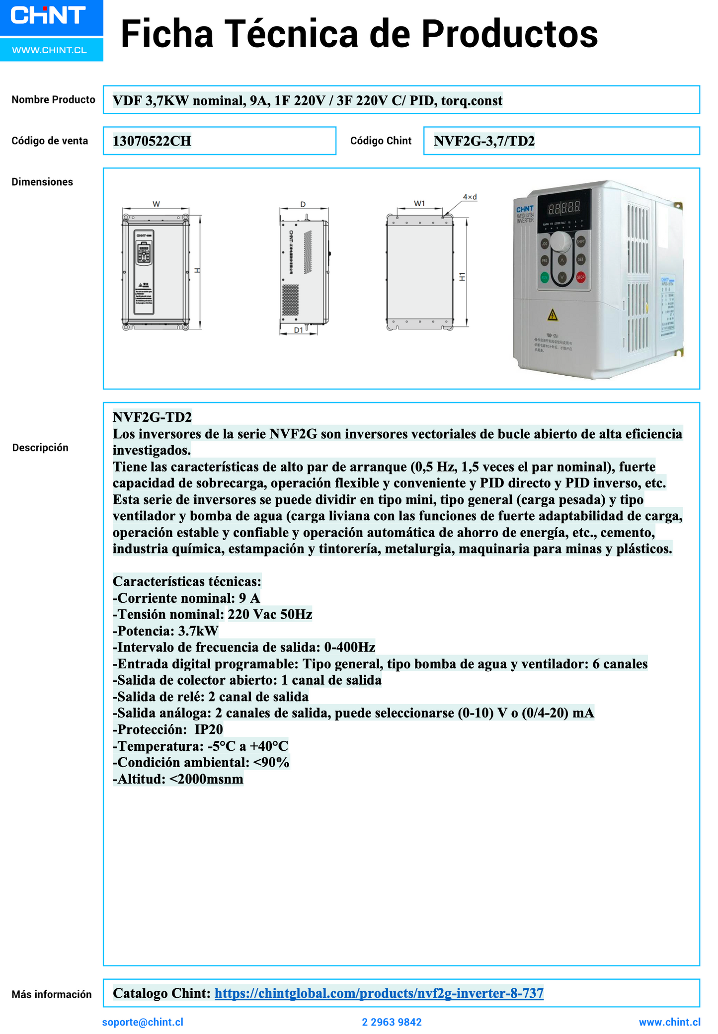 Variador de Frecuencia CHINT NVF2G-3,7/TD2 3,7 kW 1F/3F 220V con PID y Torque Constante – Código 13070522CH