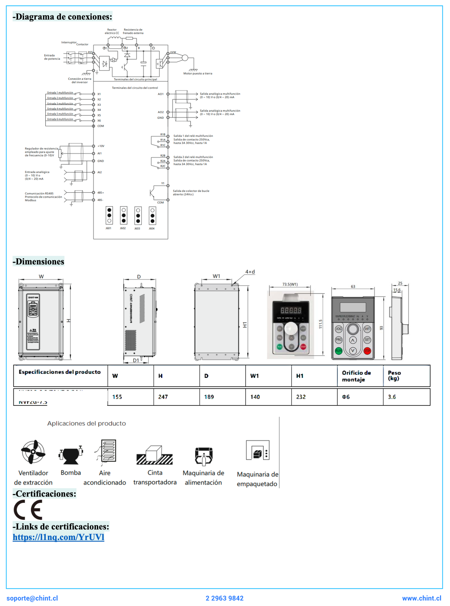 Variador de Frecuencia CHINT NVF2G-3,7/TD2 3,7 kW 1F/3F 220V con PID y Torque Constante – Código 13070522CH
