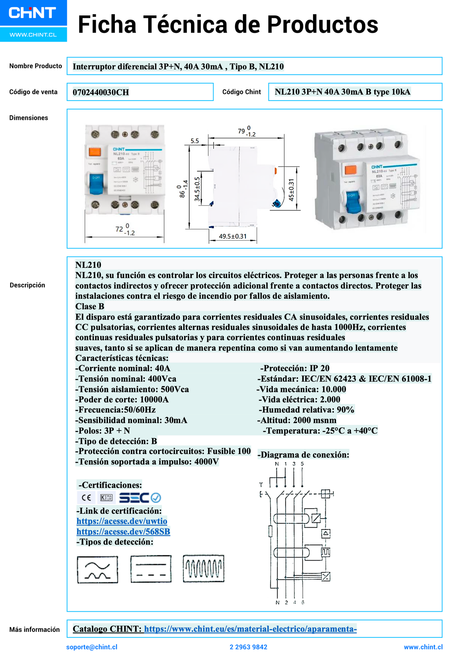 Interruptor Diferencial CHINT NL210 4P 40A 30mA Tipo B 10kA – Código 0702440030CH