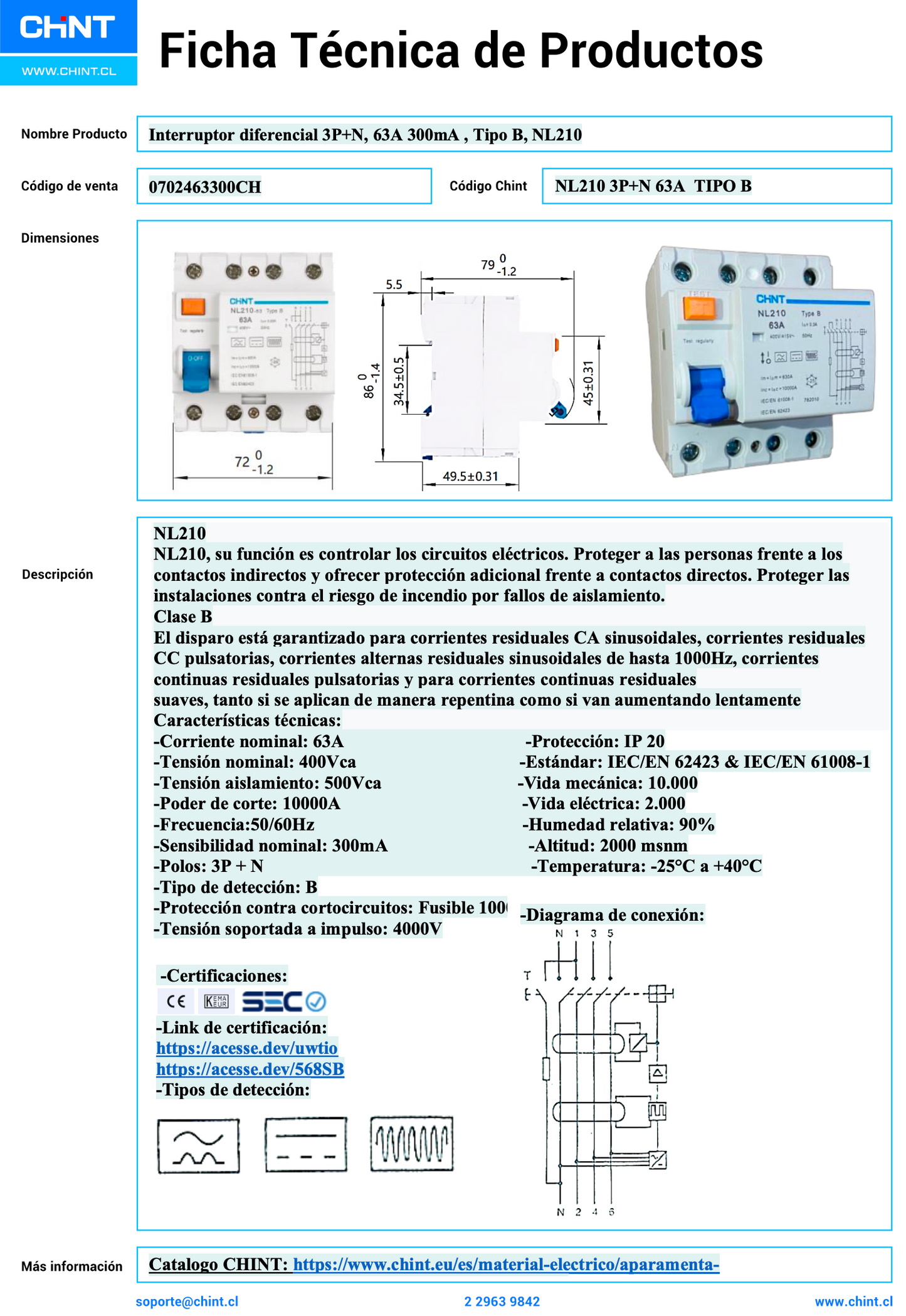 Interruptor Diferencial CHINT NL210 4P 63A 300mA Tipo B 10kA – Código 0702463300CH