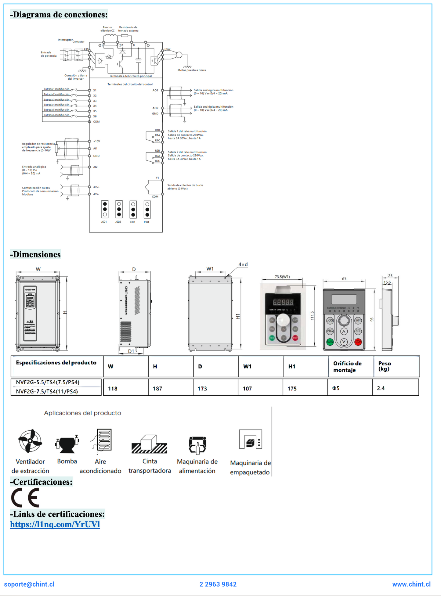 Variador de Frecuencia CHINT NVF2G-7,5/TS4 7,5 kW 17 A 3F 380 V con PID y Control Vectorial – Código 131010038CH