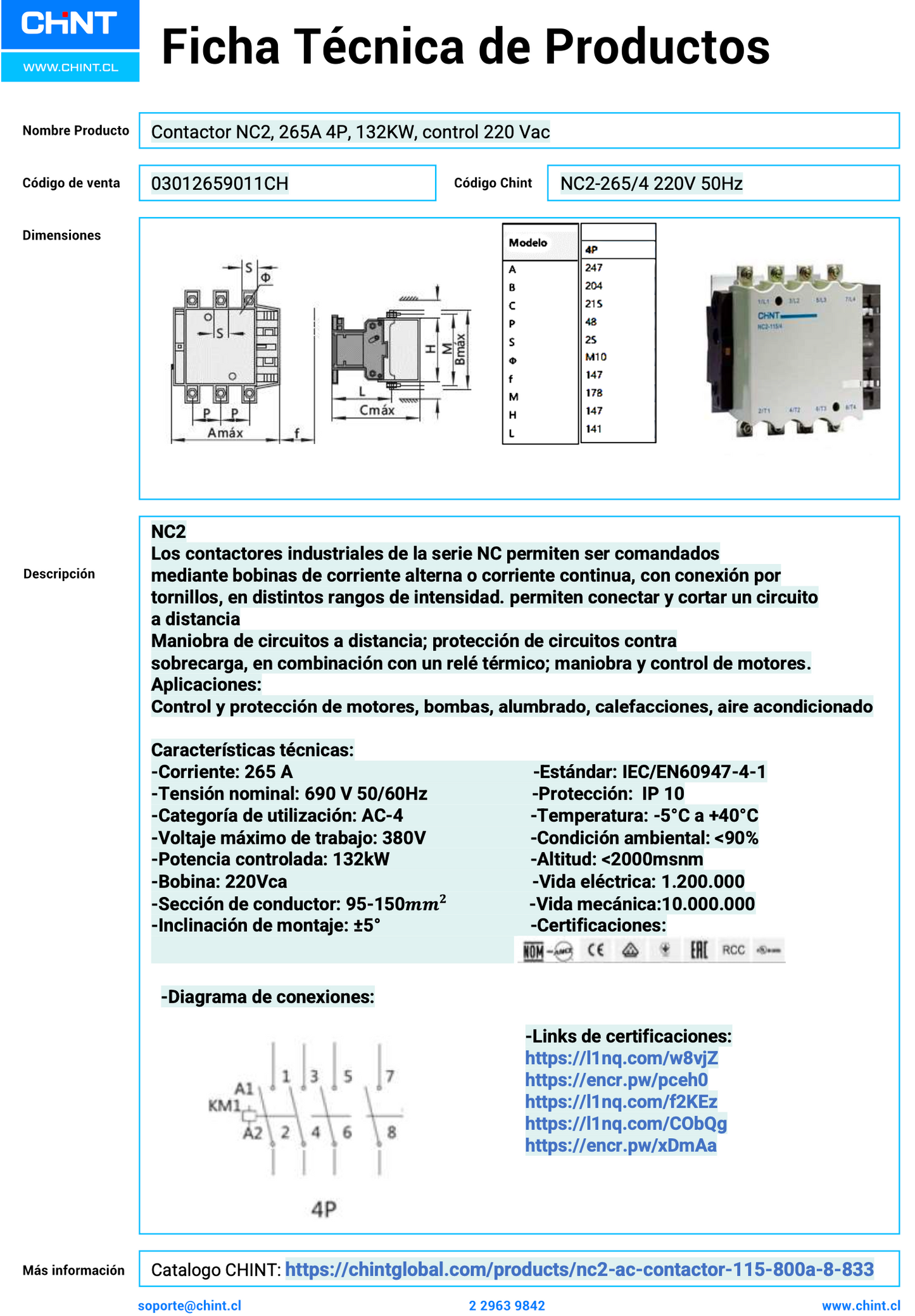 Contactor CHINT NC2-265/4 4P 265A 132 kW Control 220 V AC 50 Hz – Código 03012659011CH