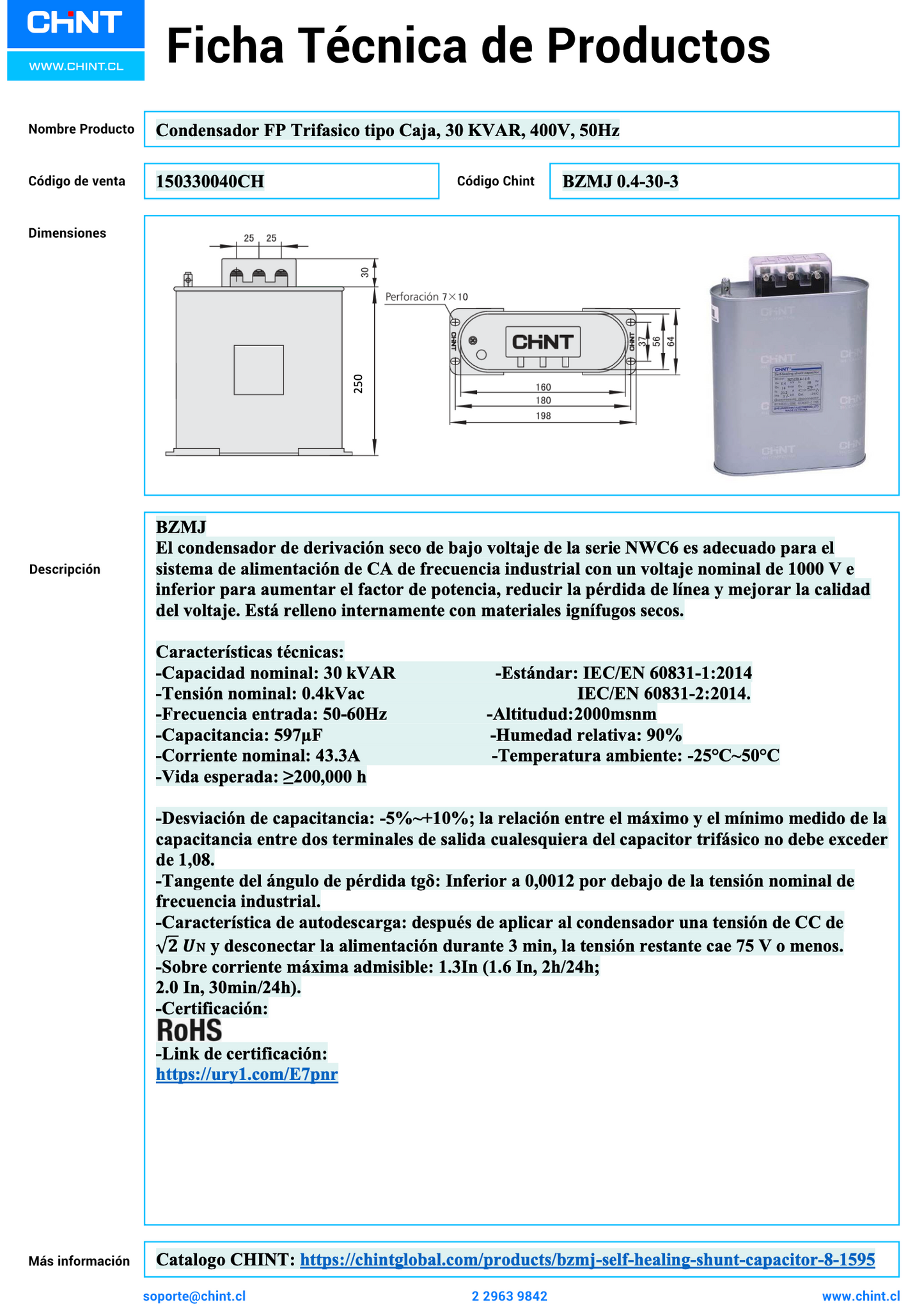 Condensador Trifásico CHINT BZMJ 0.4-30-3 30 kVAR 400 V 50 Hz – Código 150330040CH