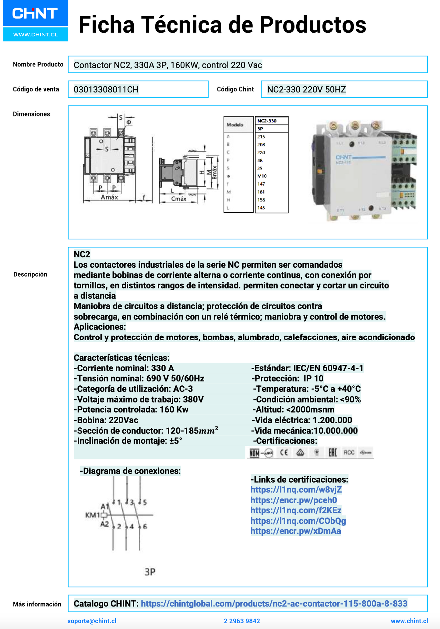 Contactor Trifásico CHINT NC2-330 330A 3P 220 V AC 50 Hz – Código 03013308011CH