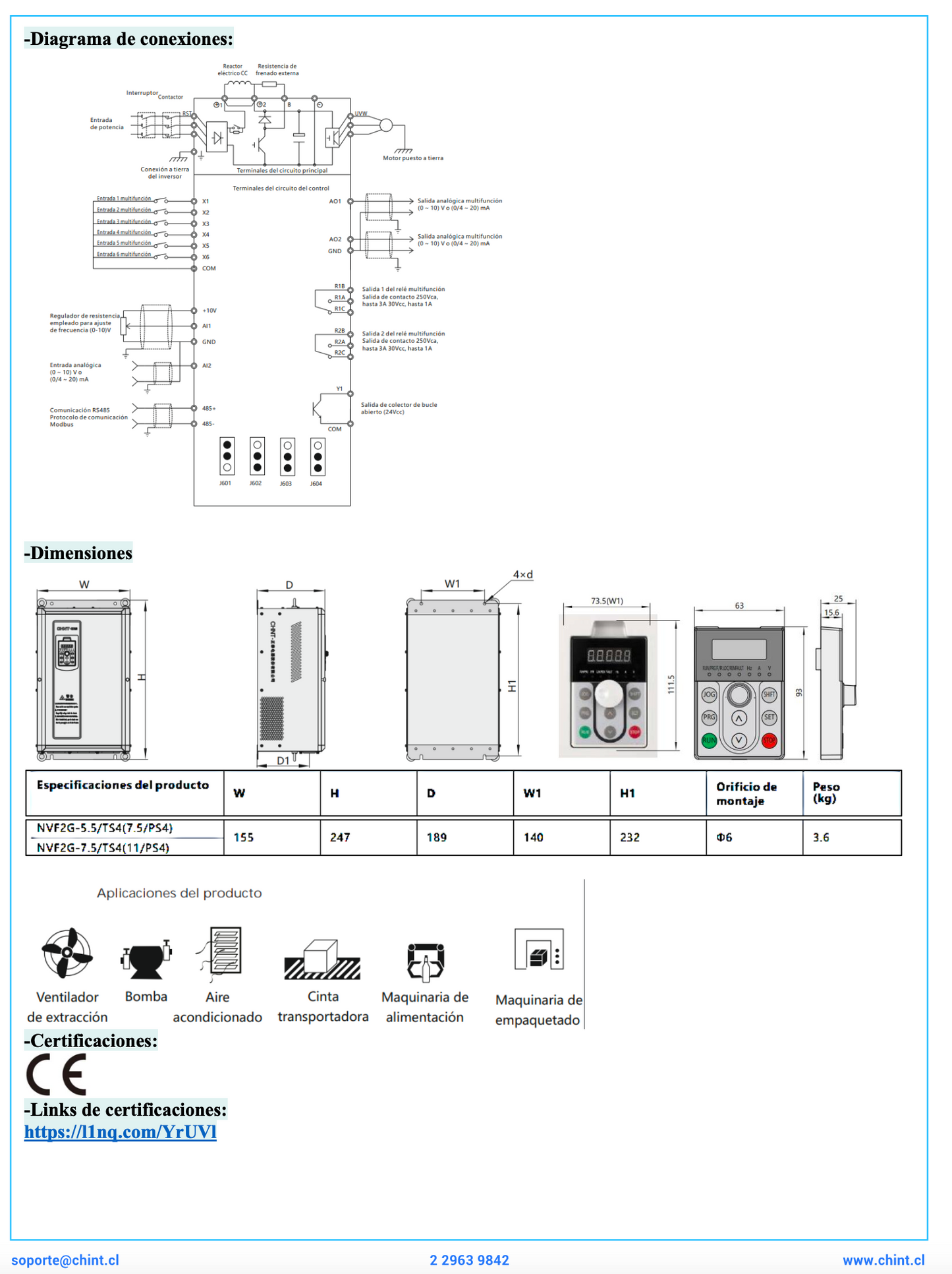 Variador de Frecuencia CHINT NVF2G-2.2/PS4 2,2 kW 5 A 3F 380 V con PID – Código 13083038CH