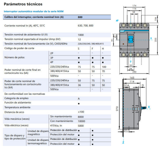 Interruptor Automático MCCB CHINT NXM-800S/4300B 4P 800A 50kA – Código 07212430800CH
