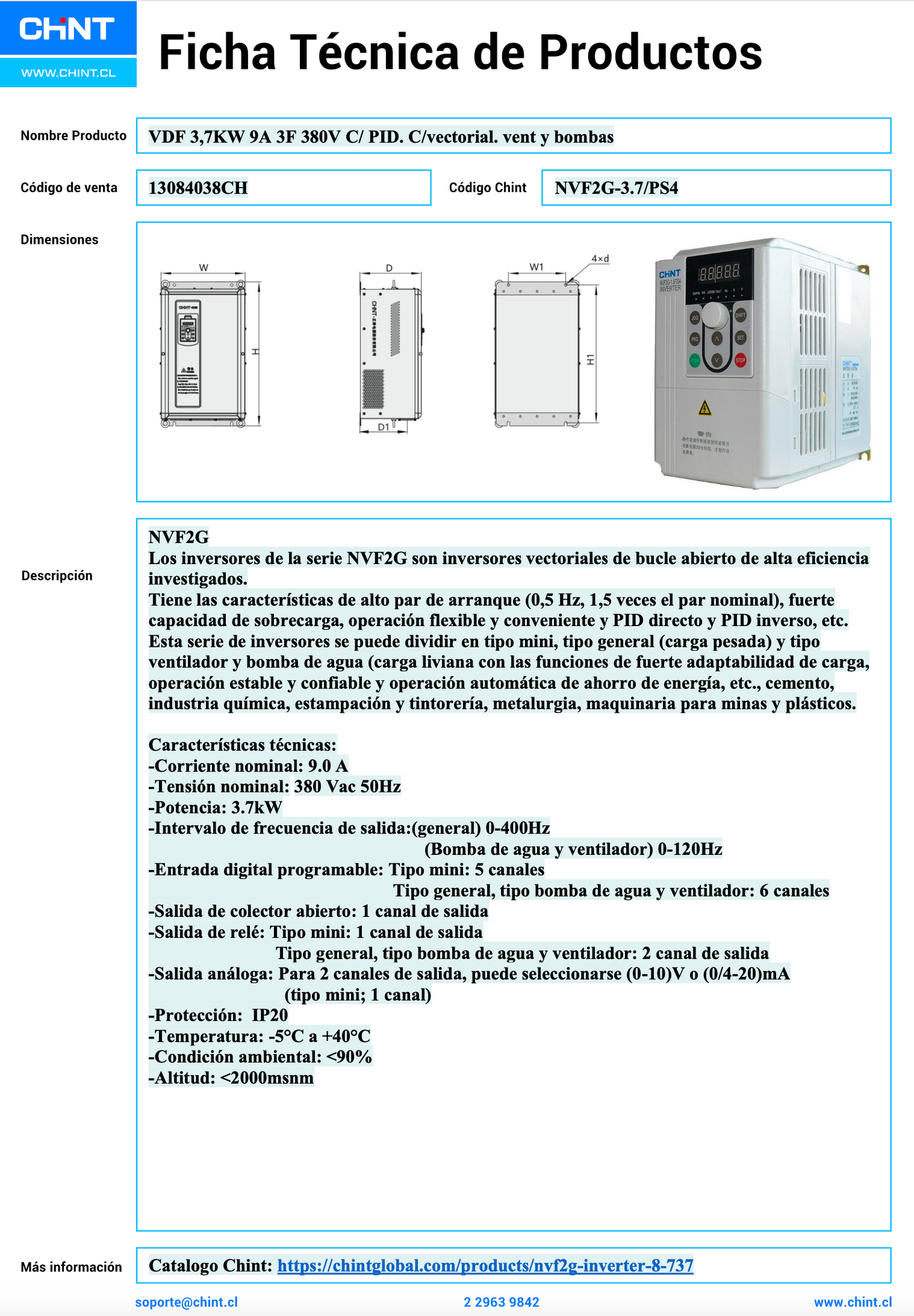 Variador de Frecuencia CHINT NVF2G-3.7/PS4 3,7 kW 9 A 3F 380 V con PID – Código 13084038CH