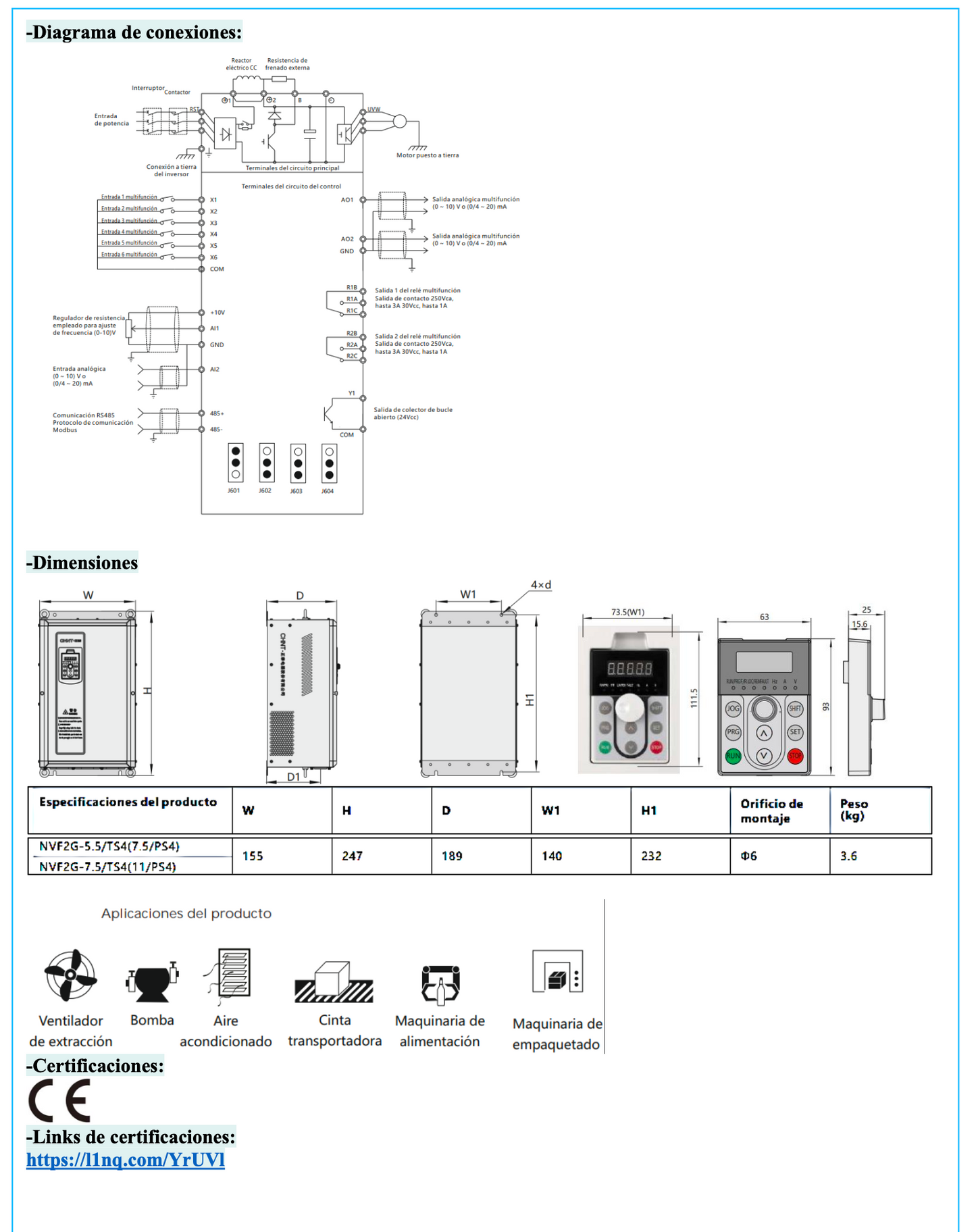 Variador de Frecuencia CHINT NVF2G-3.7/PS4 3,7 kW 9 A 3F 380 V con PID – Código 13084038CH