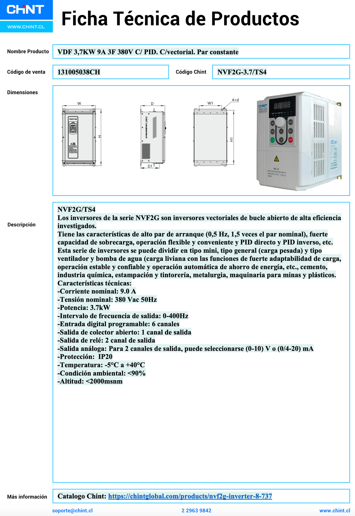 Variador de Frecuencia CHINT NVF2G-3.7/TS4 3,7 kW 9 A 3F 380 V con PID – Código 131005038CH