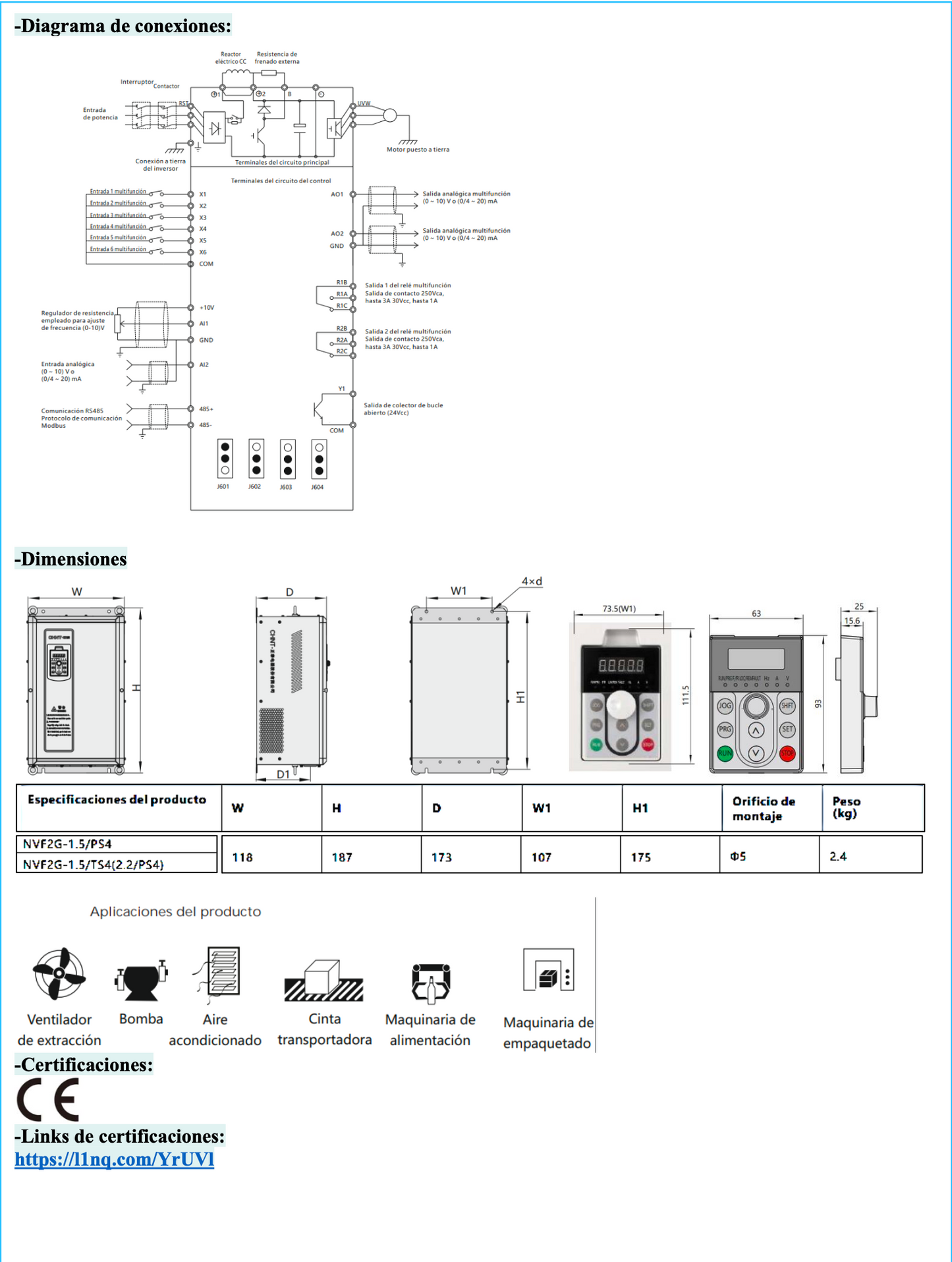 Variador de Frecuencia CHINT NVF2G-3.7/TS4 3,7 kW 9 A 3F 380 V con PID – Código 131005038CH