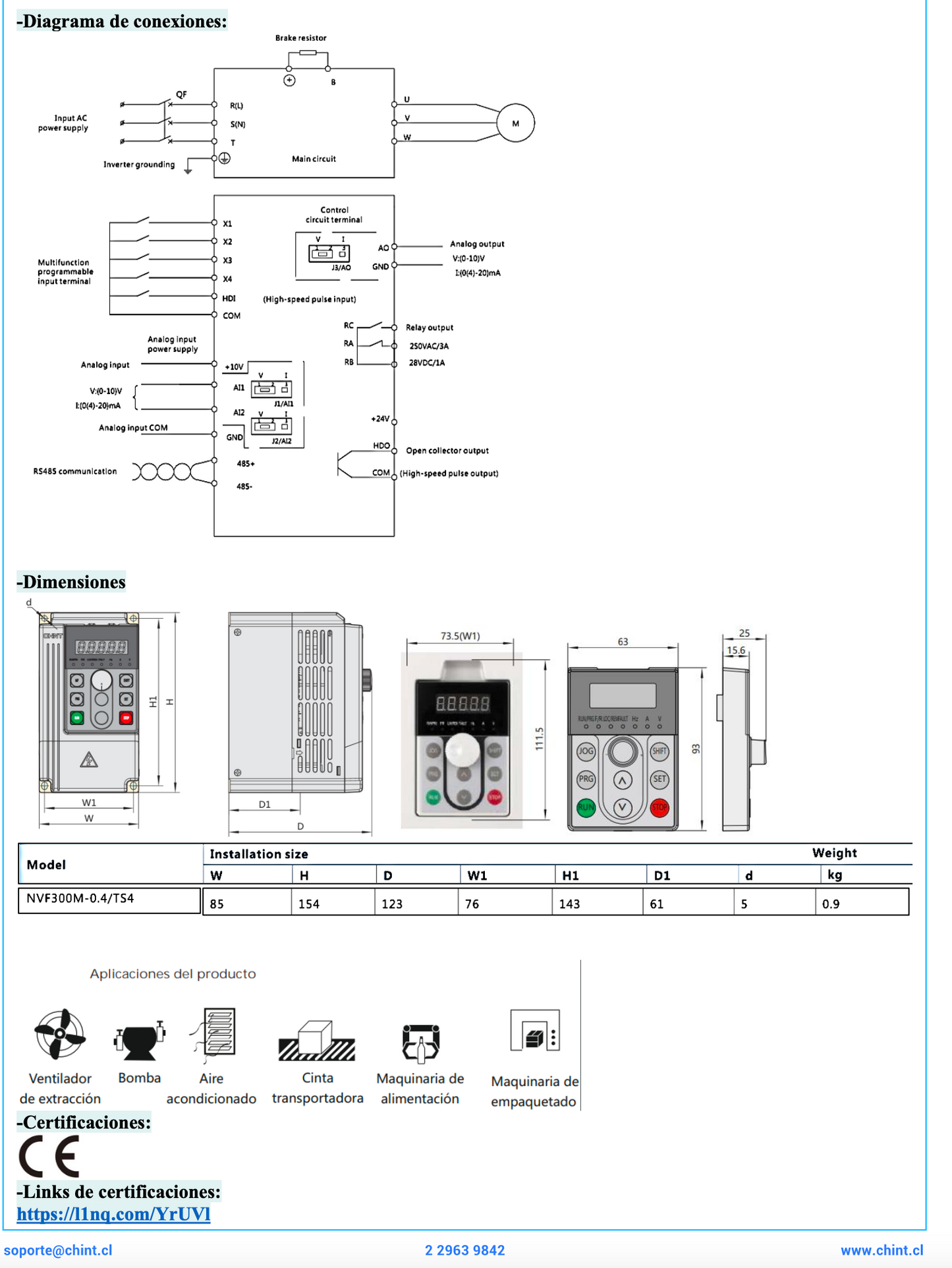 Variador de Frecuencia CHINT NVF300M-0.75/TS4 0,75 kW 1 HP 2,1 A 3F 380 V con PID – Código 131005138CH