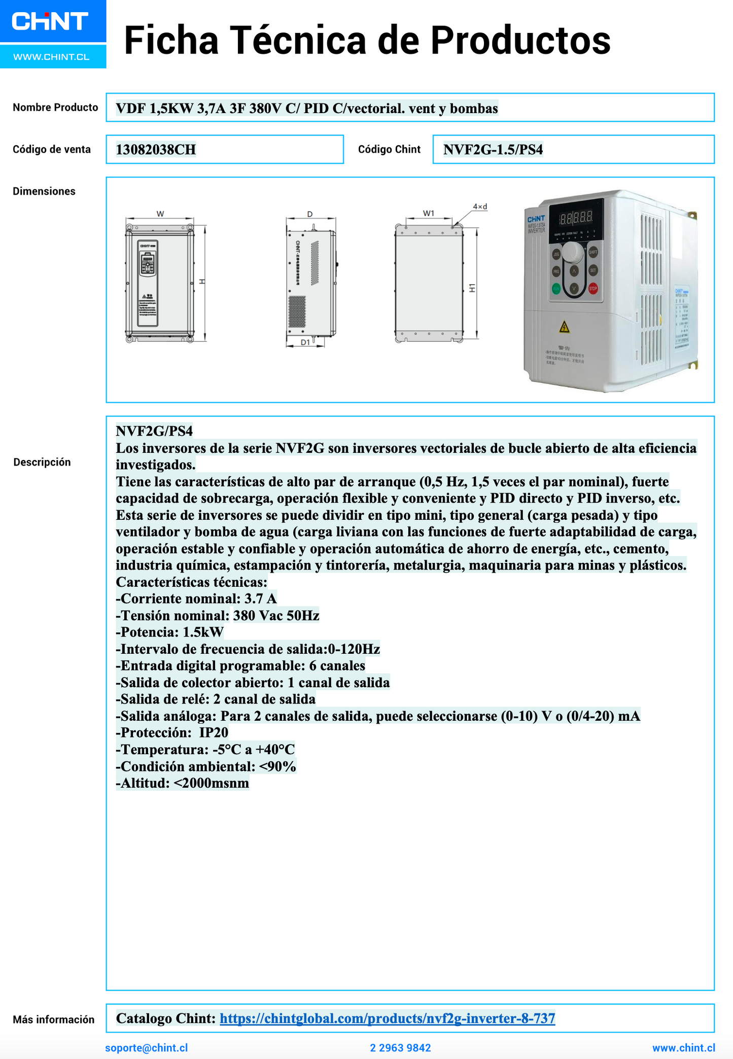 Variador de Frecuencia CHINT NVF2G-1.5/PS4 1,5 kW 3,7 A 3F 380 V con PID – Código 13082038CH
