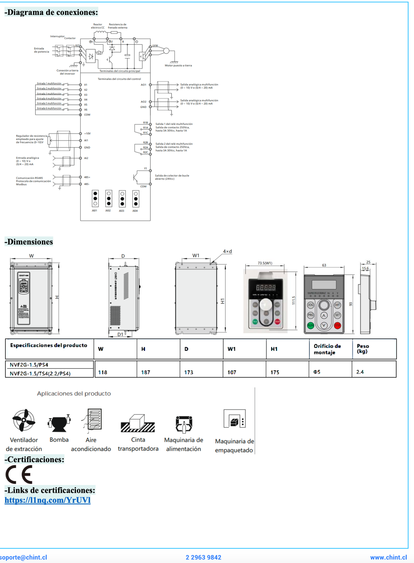 Variador de Frecuencia CHINT NVF2G-1.5/PS4 1,5 kW 3,7 A 3F 380 V con PID – Código 13082038CH