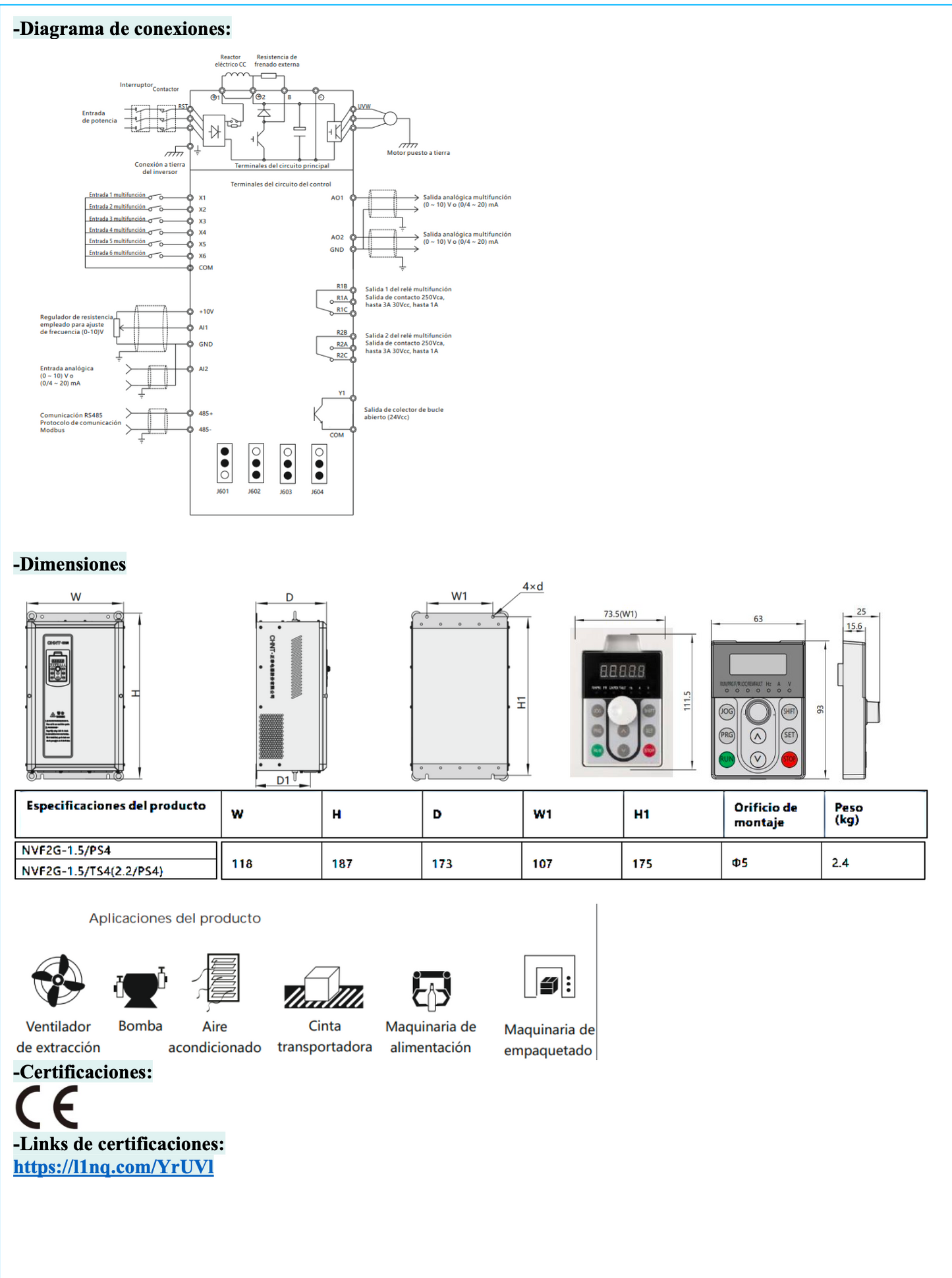 Variador de Frecuencia NVF2G 2,2 kW 3F 380 V con PID y Control Vectorial – Código 131003038CH