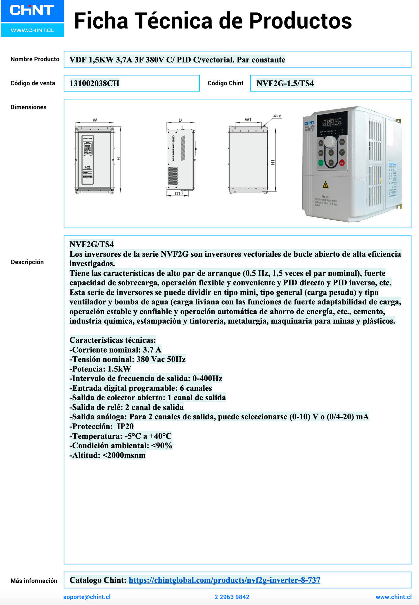 Variador de Frecuencia NVF2G 1,5 kW 3F 380 V con PID y Control Vectorial – Código 131002038CH