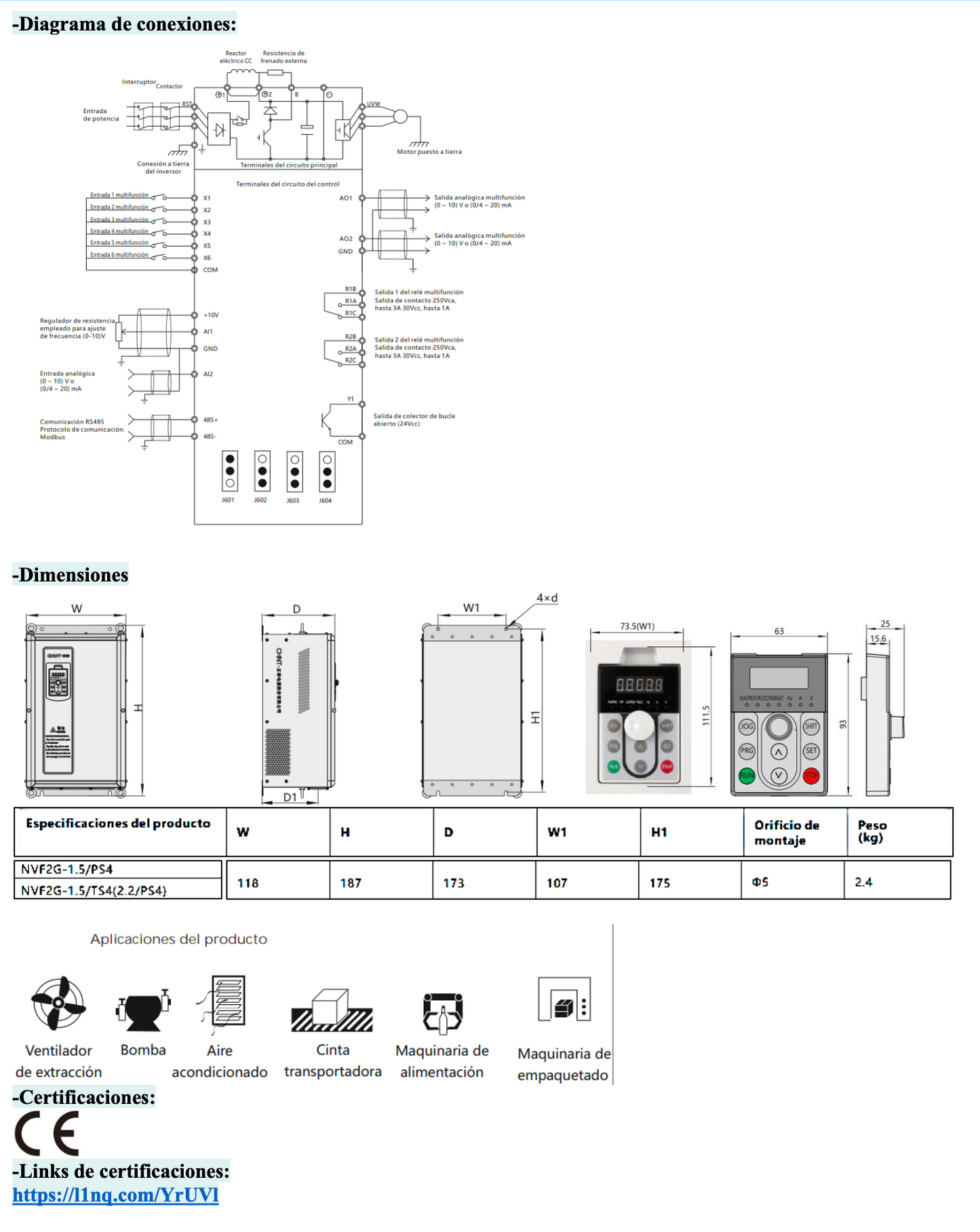 Variador de Frecuencia NVF2G 1,5 kW 3F 380 V con PID y Control Vectorial – Código 131002038CH