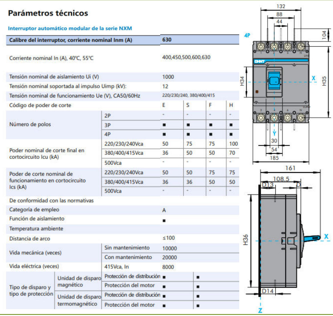 Interruptor Termomagnético MCCB Fijo NXM-630S 4P 500 A 36 kA – Código 07212430500CH