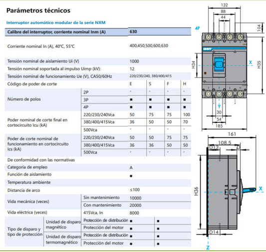 Interruptor Termomagnético MCCB Fijo NXM-630S 4P 500 A 36 kA – Código 07212430500CH