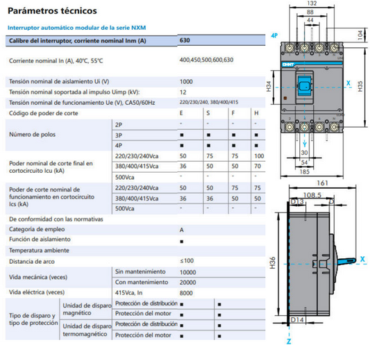 Interruptor Termomagnético MCCB Fijo NXM-630S 4P 630 A 50 kA – Código 07212430630CH