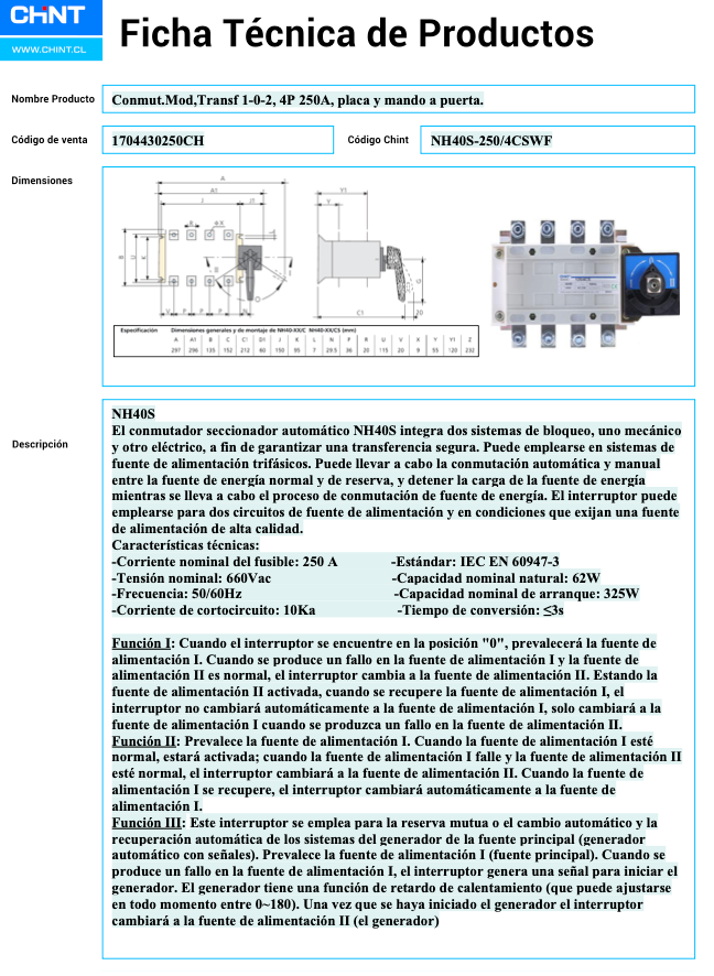 Conmutador Modular NH40S 4P 250 A 1-0-2 con Placa y Mando a Puerta – Código 1704430250CH