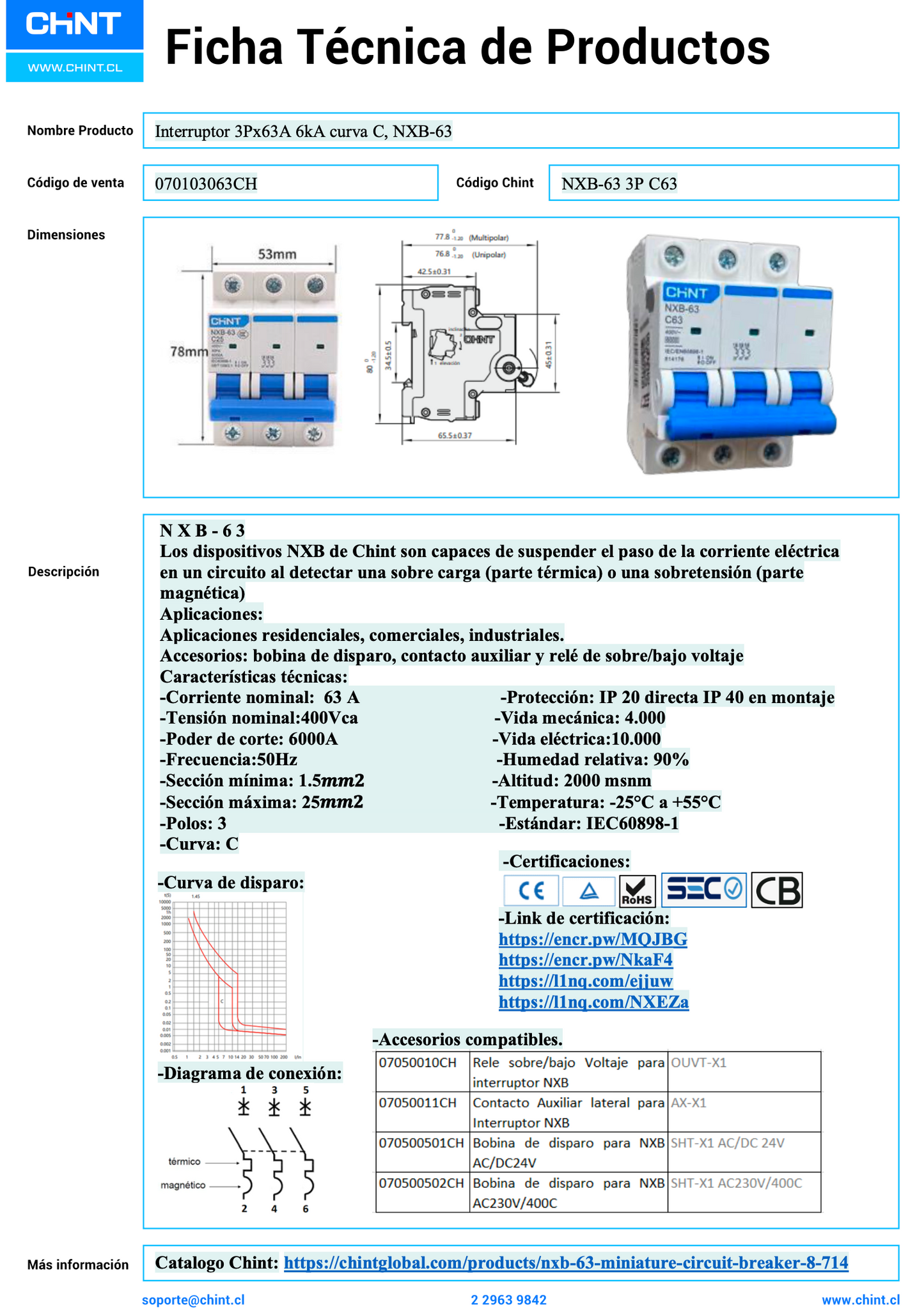 Interruptor Automático CHINT NXB-63 3P 63A 6kA Curva C – Código 070103063CH
