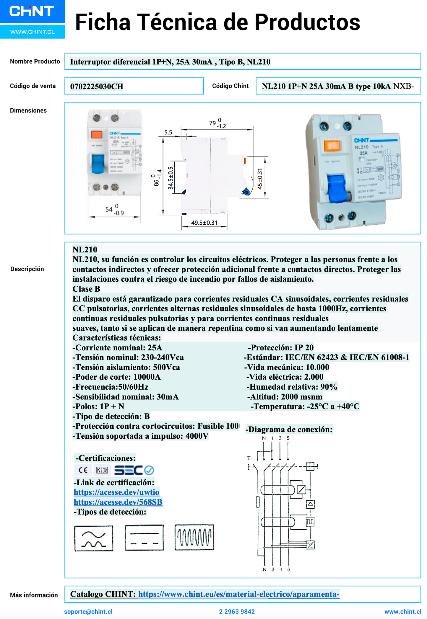 Interruptor Diferencial CHINT NL210 2P 25 A 30 mA Tipo B 10 kA – Código 0702225030CH