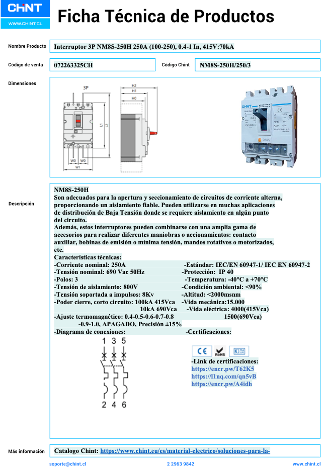 Interruptor Termomagnético MCCB NM8S-250H 3P 250 A 70 kA – Código 072263325CH