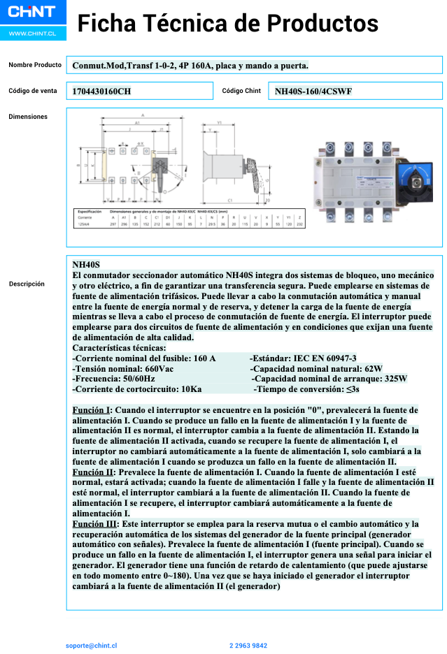 Conmutador Modular CHINT NH40S-160/4CSWF 4P 100 A – Código 1704430160CH