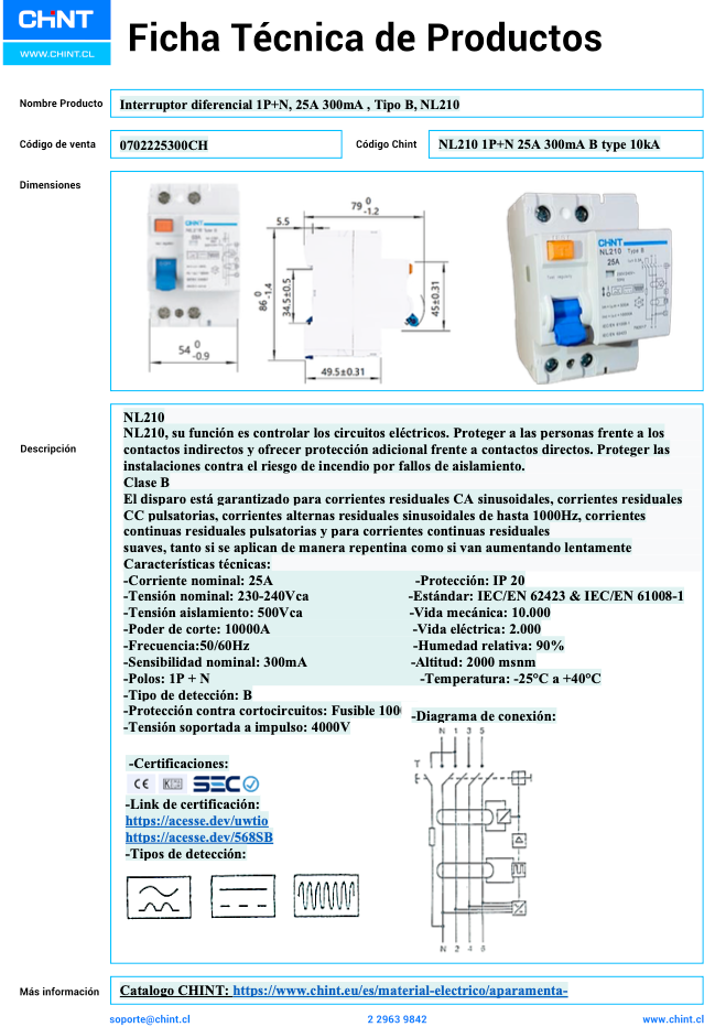 Interruptor Diferencial CHINT NL210 2P 25 A 300 mA Tipo B 10 kA – Código 0702225300CH