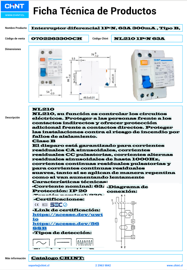 Interruptor Diferencial CHINT NL210 2P 63 A 300 mA Tipo B 10 kA – Código 0702263300CH