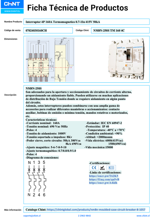 Interruptor Termomagnético CHINT NM8N-250S 4P 160A 415V 50 kA – Código 07024030160CH