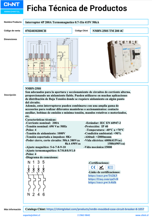 Interruptor Termomagnético CHINT NM8N-250S 4P 200A 415V 50 kA – Código 07024030200CH