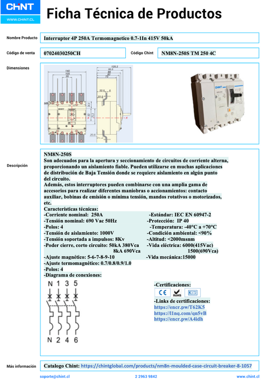 Interruptor Termomagnético CHINT NM8N-250S 4P 250A 415V 50 kA – Código 07024030250CH
