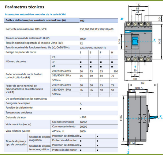 Interruptor Termomagnético MCCB Fijo NXM-400S 4P 350 A 50 kA – Código 07212430350CH