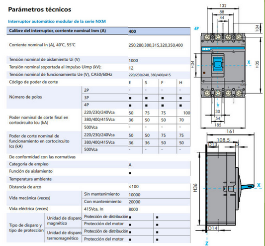 Interruptor caja moldeada CHINT NM1‑400S/4300 4P 400 A 35 kA 415 V – Código 07212430400CH
